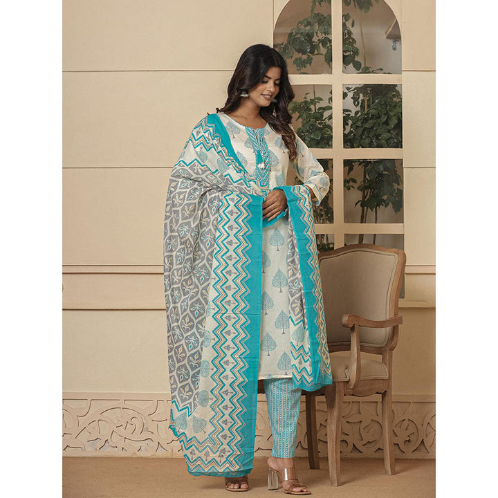 Yufta Cotton Turquoise Blue & White Kurta and Pants with Dupatta (Set of 3)