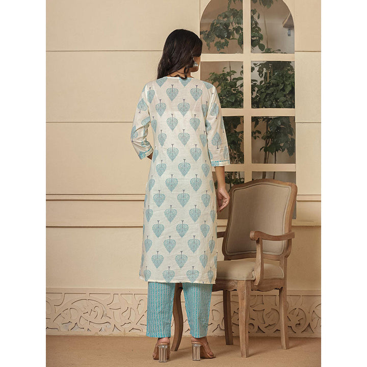 Yufta Cotton Turquoise Blue & White Kurta and Pants with Dupatta (Set of 3)