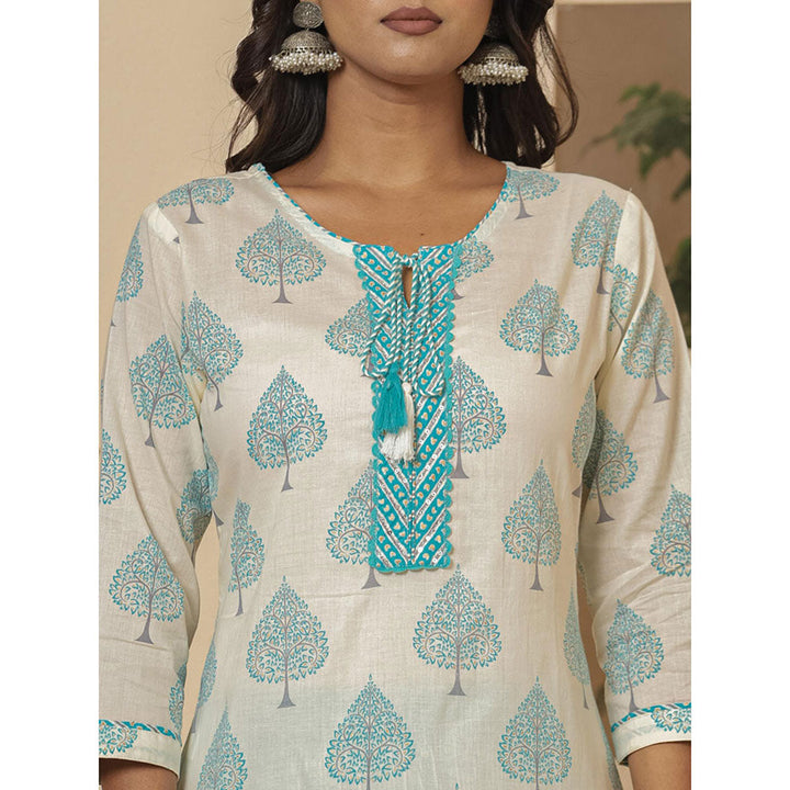 Yufta Cotton Turquoise Blue & White Kurta and Pants with Dupatta (Set of 3)