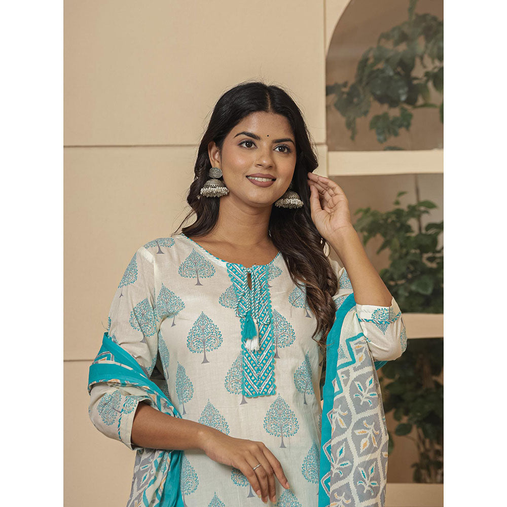 Yufta Cotton Turquoise Blue & White Kurta and Pants with Dupatta (Set of 3)