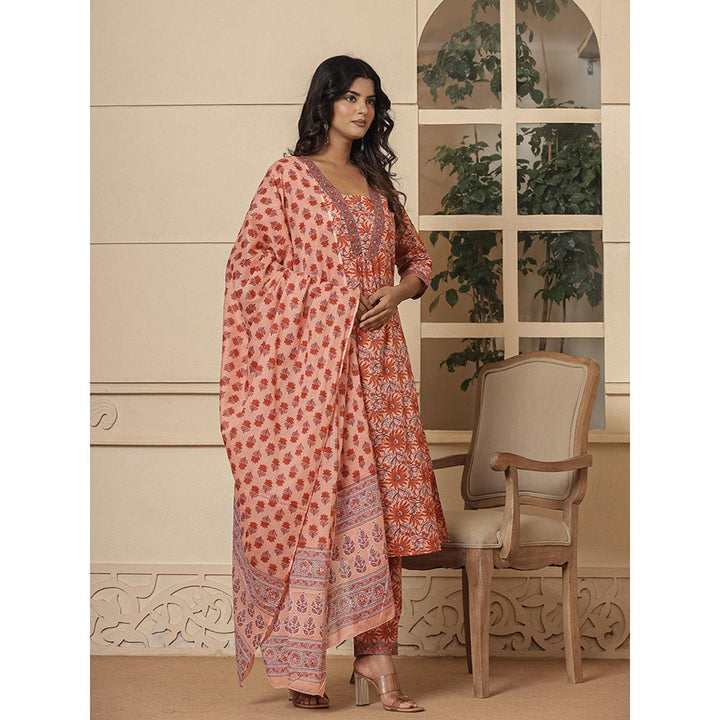 Yufta Peach Cotton Sequins Work Kurta and Pants with Dupatta (Set of 3)