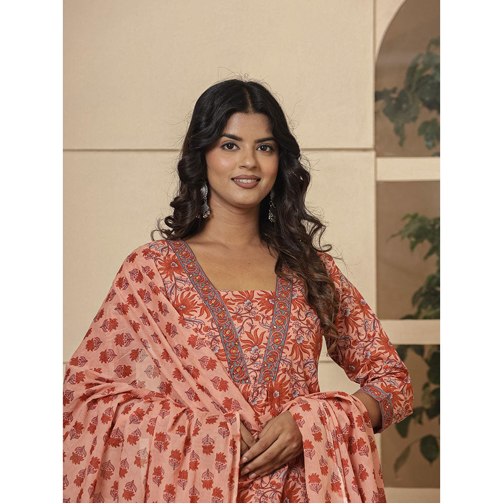 Yufta Peach Cotton Sequins Work Kurta and Pants with Dupatta (Set of 3)