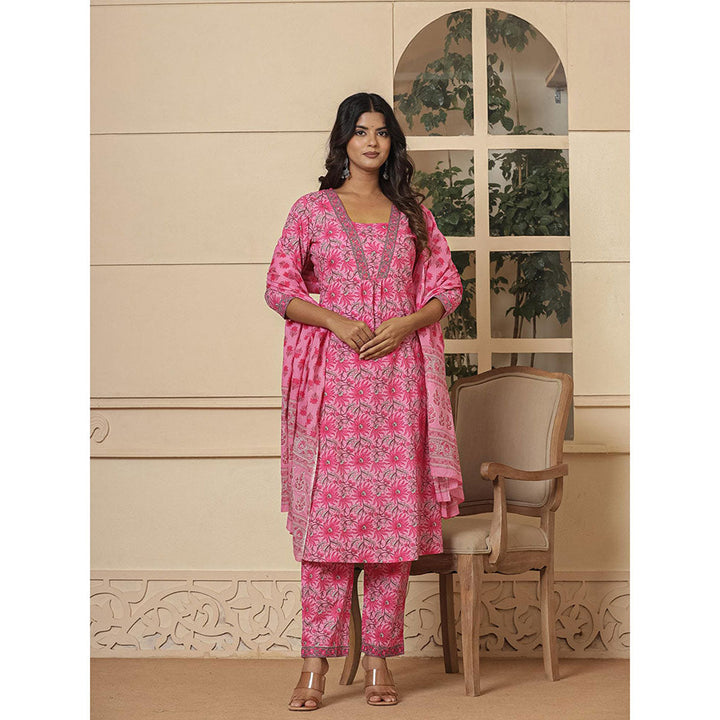 Yufta Pink Cotton Sequins Work Kurta and Pants with Dupatta (Set of 3)