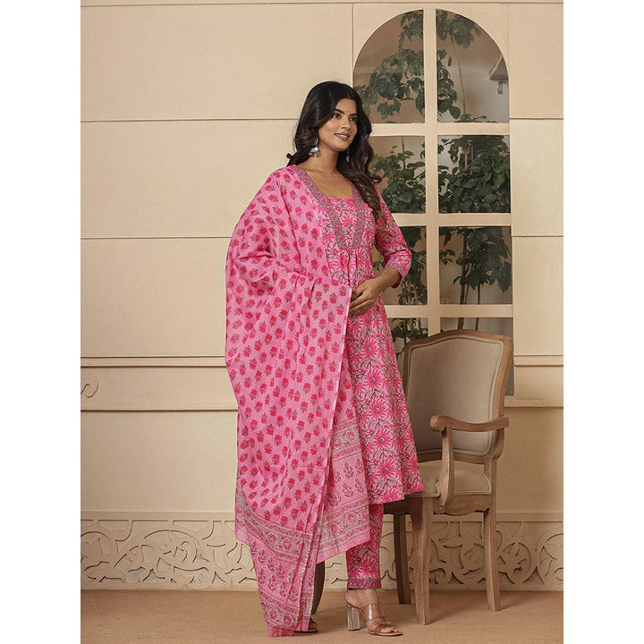 Yufta Pink Cotton Sequins Work Kurta and Pants with Dupatta (Set of 3)