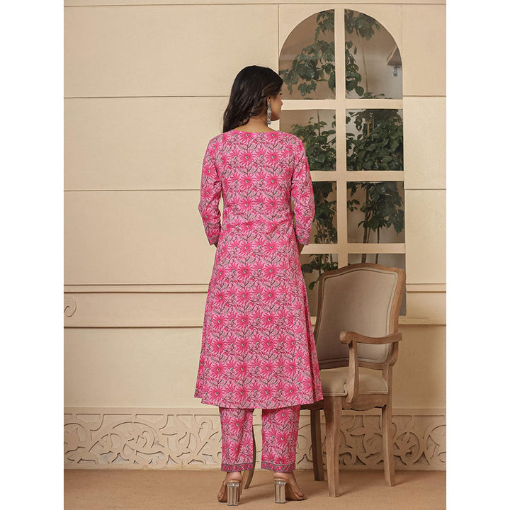 Yufta Pink Cotton Sequins Work Kurta and Pants with Dupatta (Set of 3)