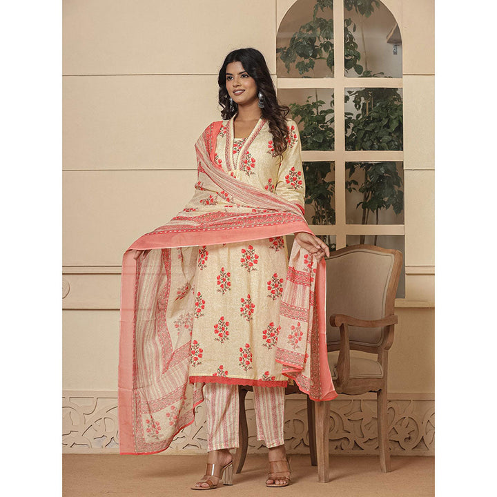 Yufta Cotton Cream and Peach Kurta and Pants with Dupatta (Set of 3)