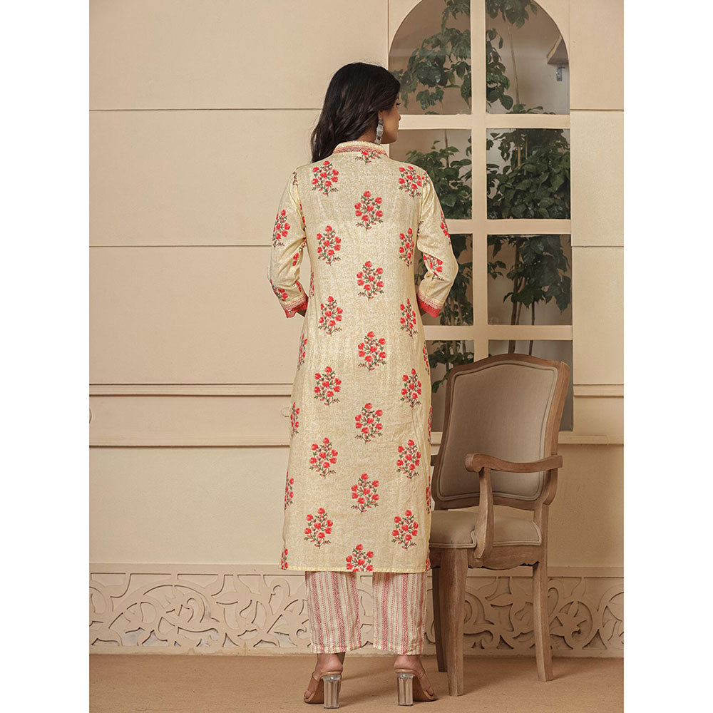 Yufta Cotton Cream and Peach Kurta and Pants with Dupatta (Set of 3)