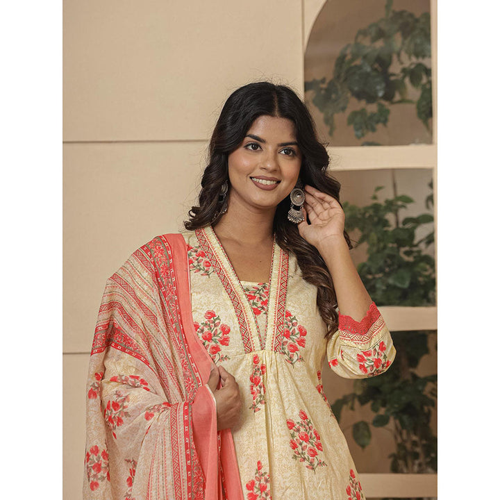 Yufta Cotton Cream and Peach Kurta and Pants with Dupatta (Set of 3)