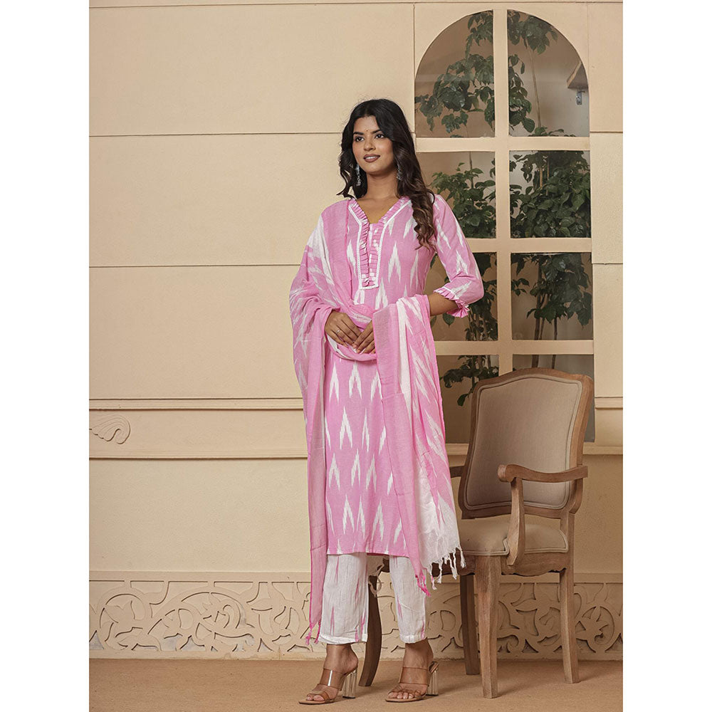 Yufta Pink Ikat Print Straight Strappy Kurta and Pants with Dupatta (Set of 3)