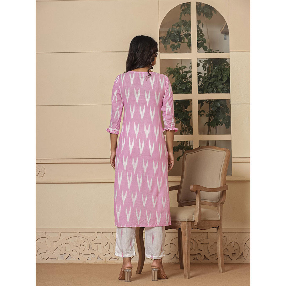 Yufta Pink Ikat Print Straight Strappy Kurta and Pants with Dupatta (Set of 3)