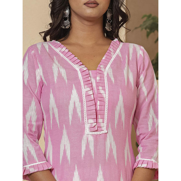 Yufta Pink Ikat Print Straight Strappy Kurta and Pants with Dupatta (Set of 3)