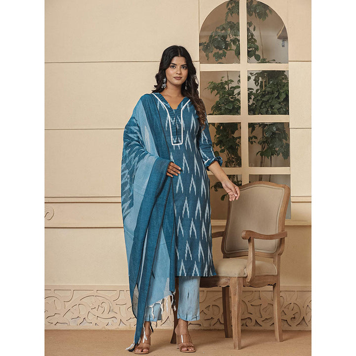 Yufta Blue Ikat Print Straight Strappy Kurta and Pants with Dupatta (Set of 3)