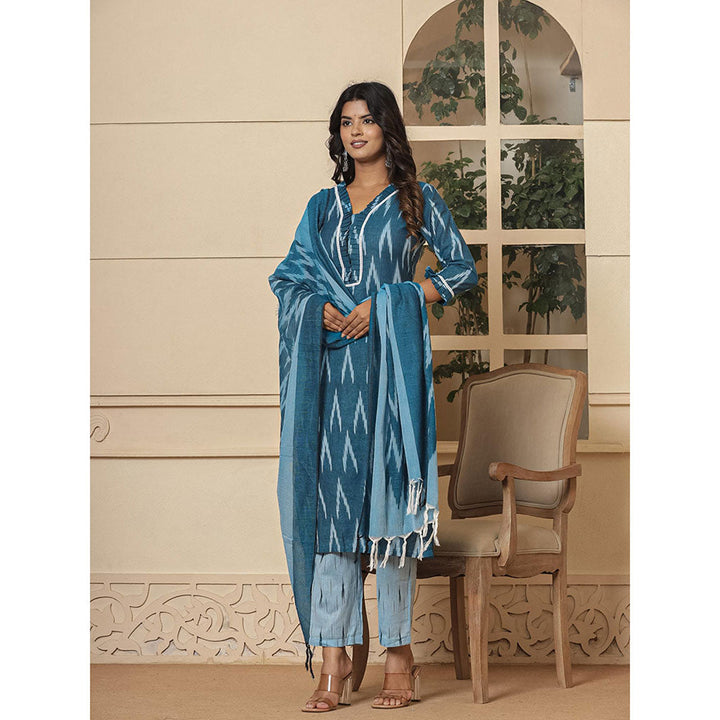 Yufta Blue Ikat Print Straight Strappy Kurta and Pants with Dupatta (Set of 3)