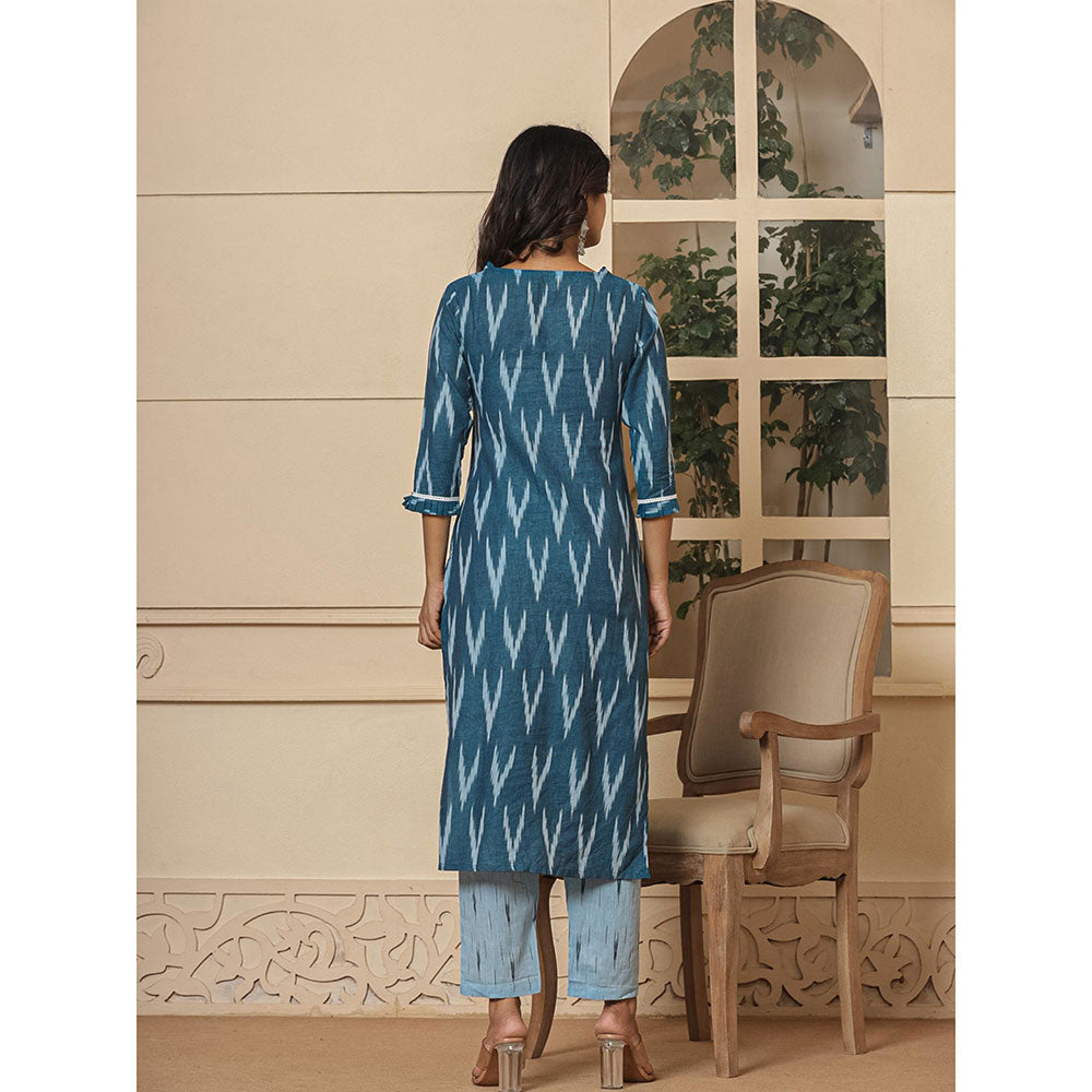 Yufta Blue Ikat Print Straight Strappy Kurta and Pants with Dupatta (Set of 3)