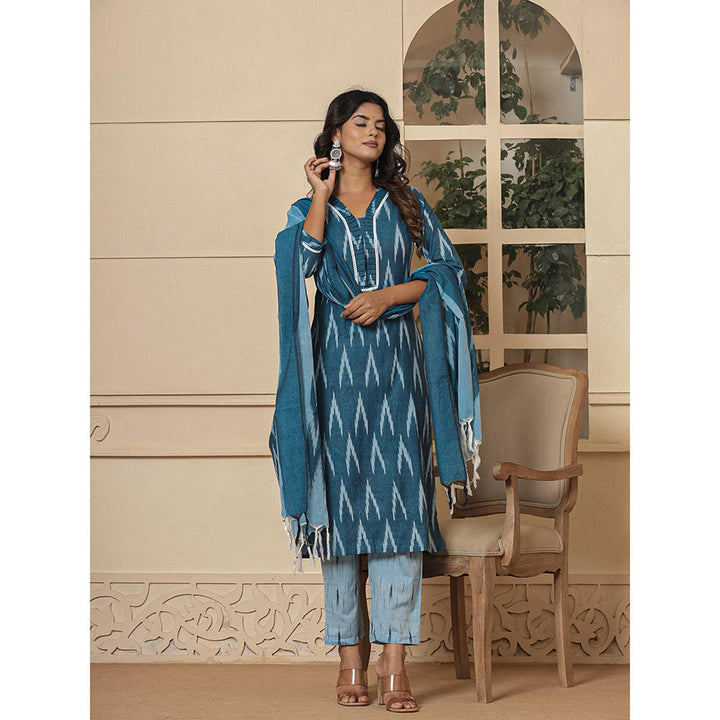 Yufta Blue Ikat Print Straight Strappy Kurta and Pants with Dupatta (Set of 3)