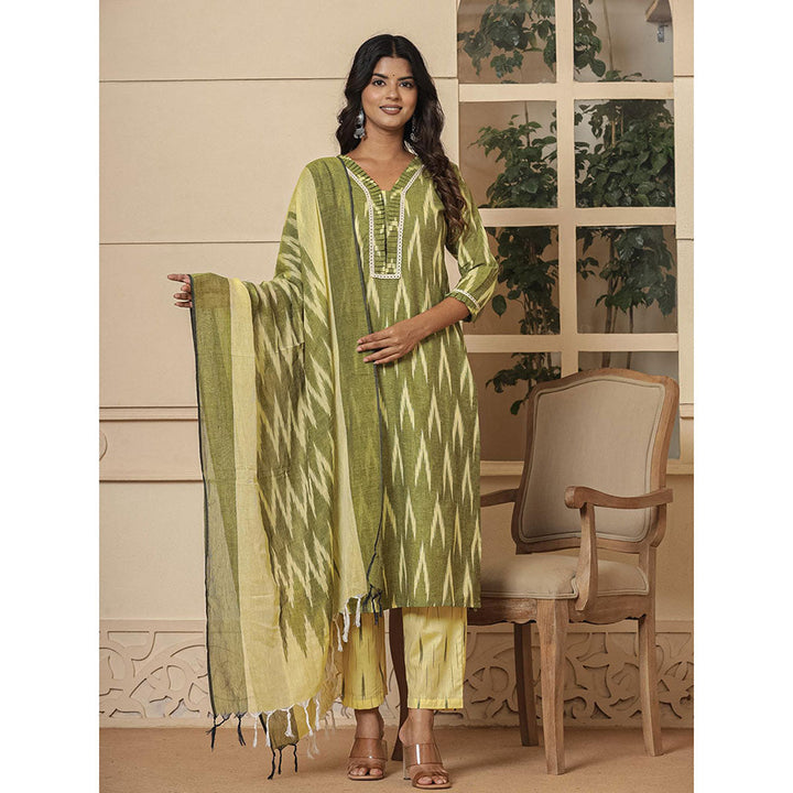 Yufta Dark Green Ikat Print Straight Kurta and Pants with Dupatta (Set of 3)