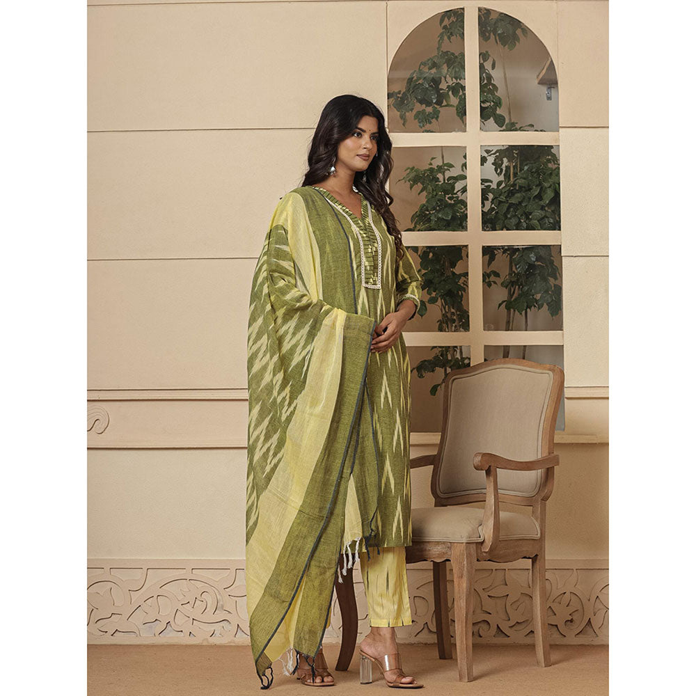 Yufta Dark Green Ikat Print Straight Kurta and Pants with Dupatta (Set of 3)