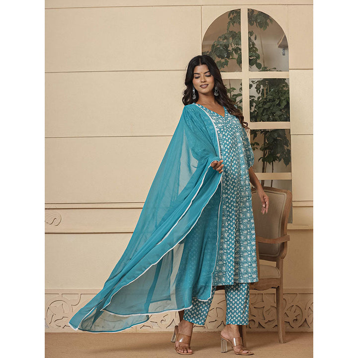 Yufta Blue Ethnic Motifs Cotton Anarkali Kurta and Pants with Dupatta (Set of 3)