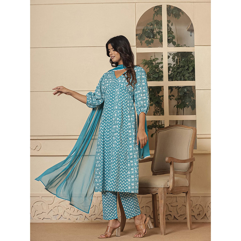 Yufta Blue Ethnic Motifs Cotton Anarkali Kurta and Pants with Dupatta (Set of 3)