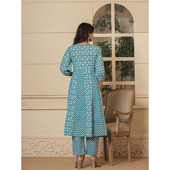 Yufta Blue Ethnic Motifs Cotton Anarkali Kurta and Pants with Dupatta (Set of 3)