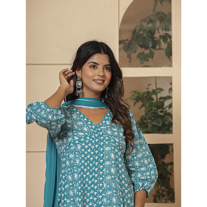 Yufta Blue Ethnic Motifs Cotton Anarkali Kurta and Pants with Dupatta (Set of 3)