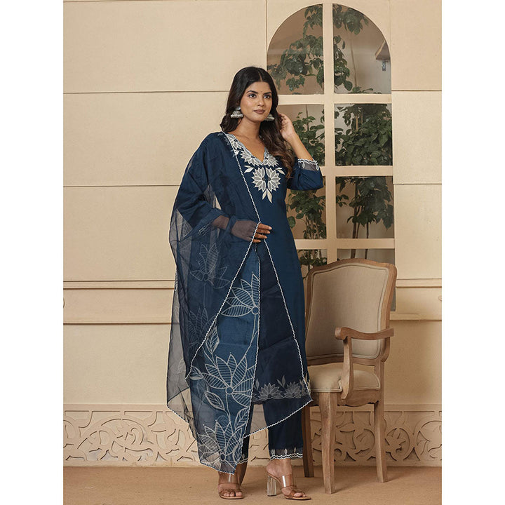 Yufta Blue Embroidered Silk Blend Straight Kurta and Pants with Dupatta (Set of 3)