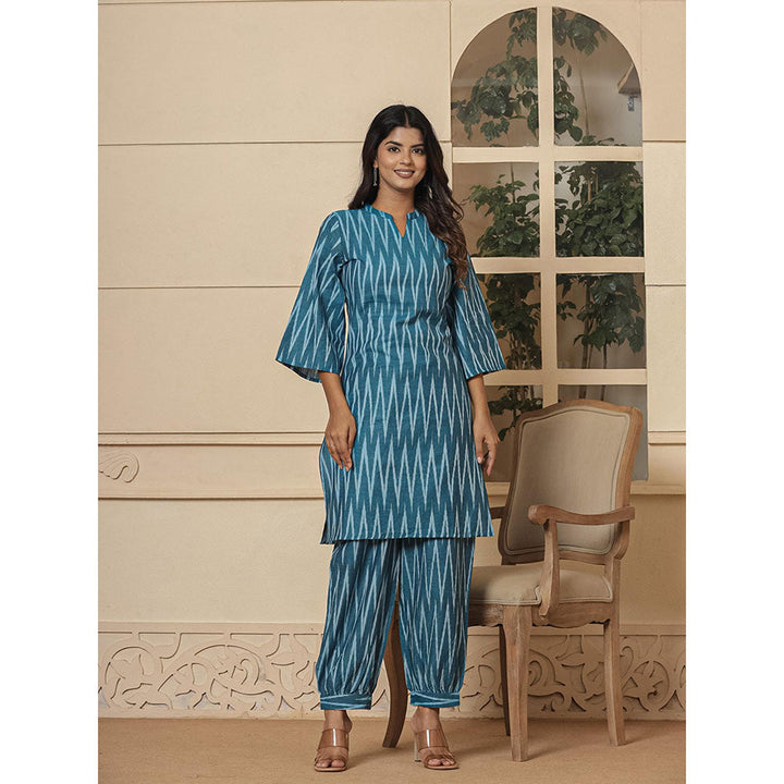 Yufta Teal Blue Cotton Ikat Co-Ord (Set of 2)