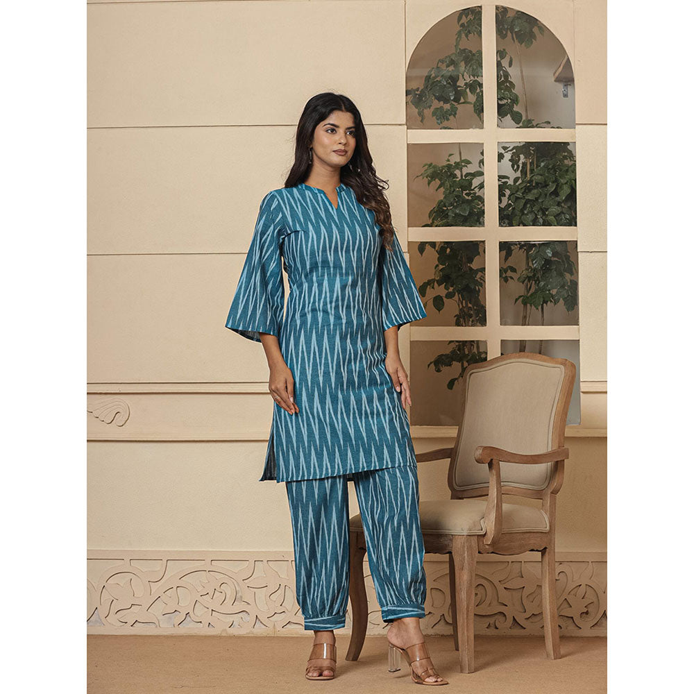 Yufta Teal Blue Cotton Ikat Co-Ord (Set of 2)