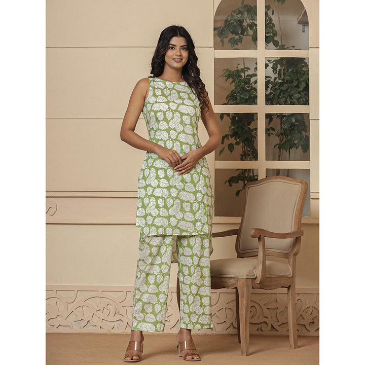 Yufta Cotton Green Summer Leaf Print Co-Ord (Set of 2)