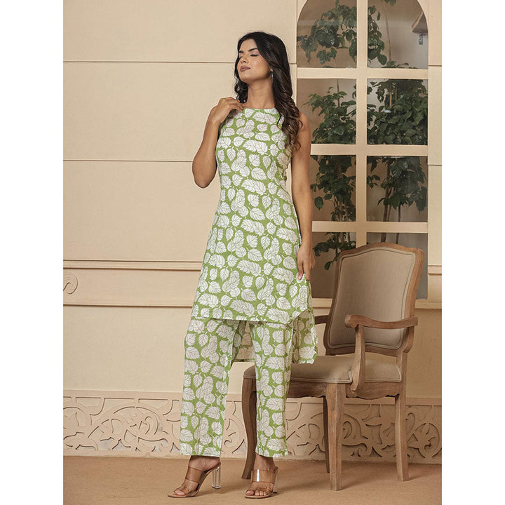 Yufta Cotton Green Summer Leaf Print Co-Ord (Set of 2)