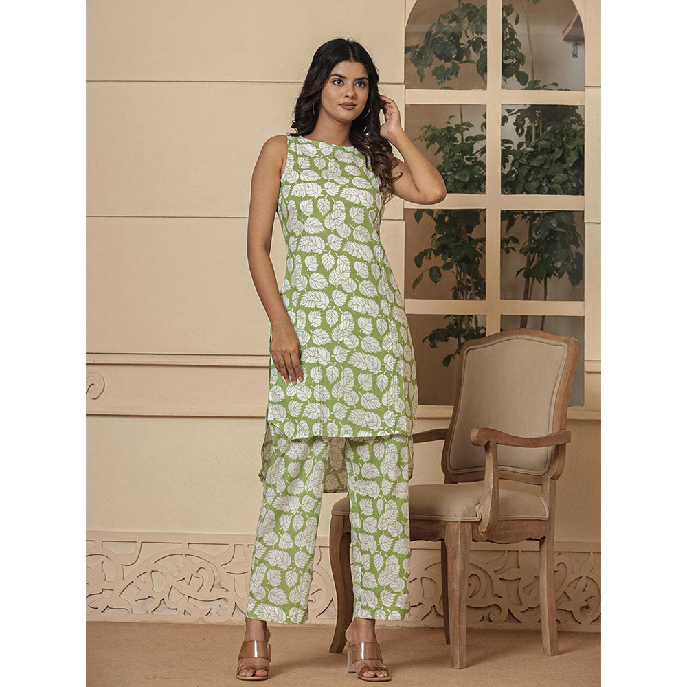 Yufta Cotton Green Summer Leaf Print Co-Ord (Set of 2)