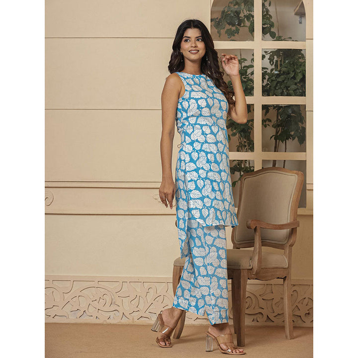 Yufta Cotton Blue Summer Leaf Print Co-Ord (Set of 2)