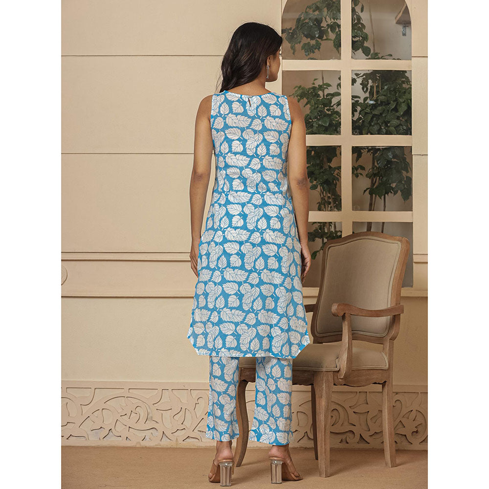 Yufta Cotton Blue Summer Leaf Print Co-Ord (Set of 2)