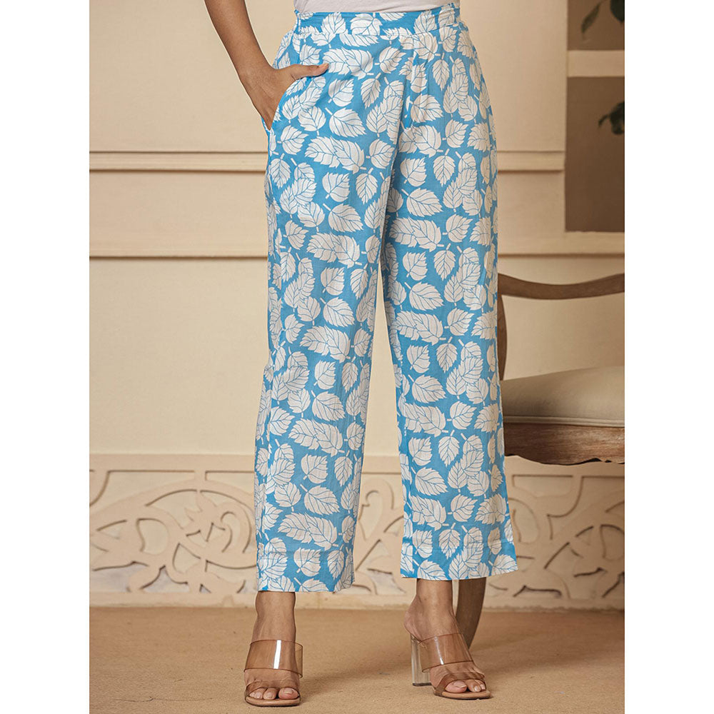 Yufta Cotton Blue Summer Leaf Print Co-Ord (Set of 2)