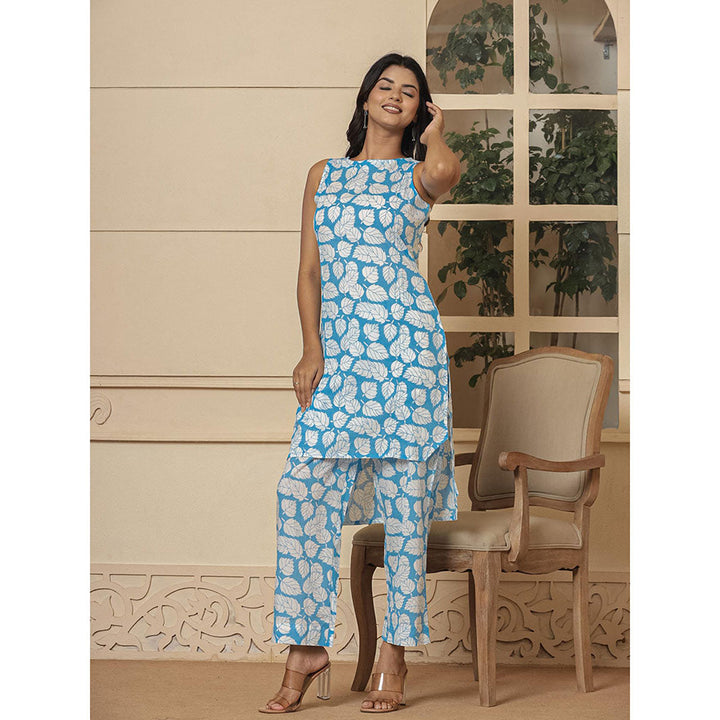 Yufta Cotton Blue Summer Leaf Print Co-Ord (Set of 2)