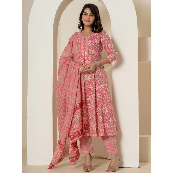 Yufta Pink Cotton Anarkali Kurta and Pants with Dupatta (Set of 3)