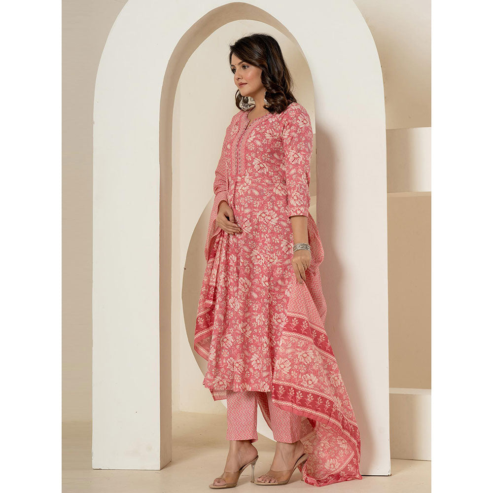 Yufta Pink Cotton Anarkali Kurta and Pants with Dupatta (Set of 3)