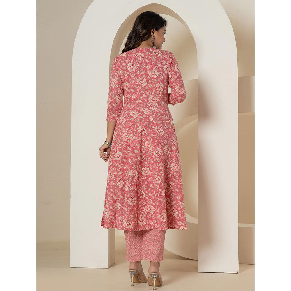 Yufta Pink Cotton Anarkali Kurta and Pants with Dupatta (Set of 3)