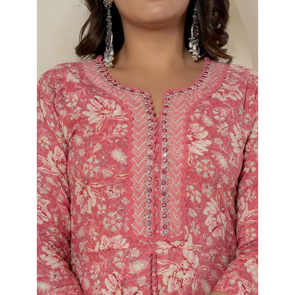 Yufta Pink Cotton Anarkali Kurta and Pants with Dupatta (Set of 3)