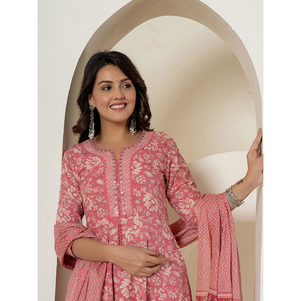 Yufta Pink Cotton Anarkali Kurta and Pants with Dupatta (Set of 3)