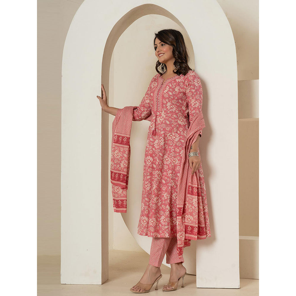 Yufta Pink Cotton Anarkali Kurta and Pants with Dupatta (Set of 3)