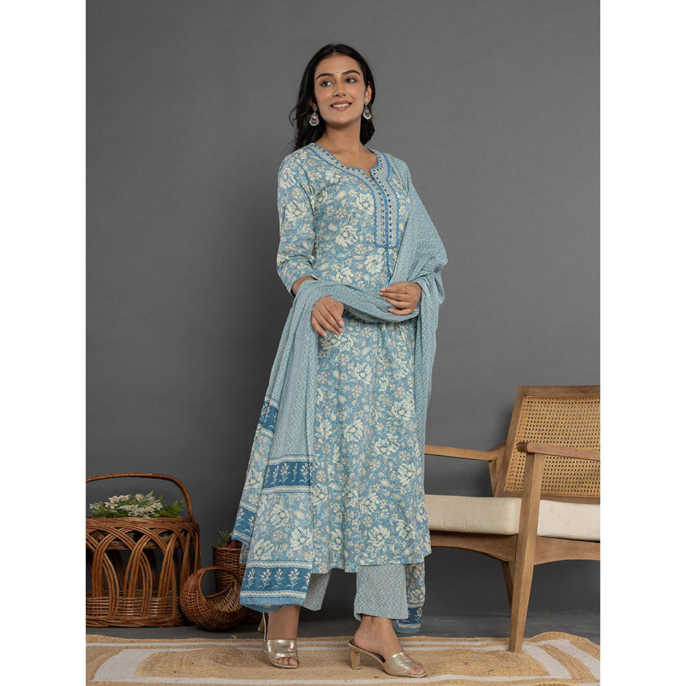 Yufta Blue Mirror Work Cotton Anarkali Kurta and Pants with Dupatta (Set of 3)