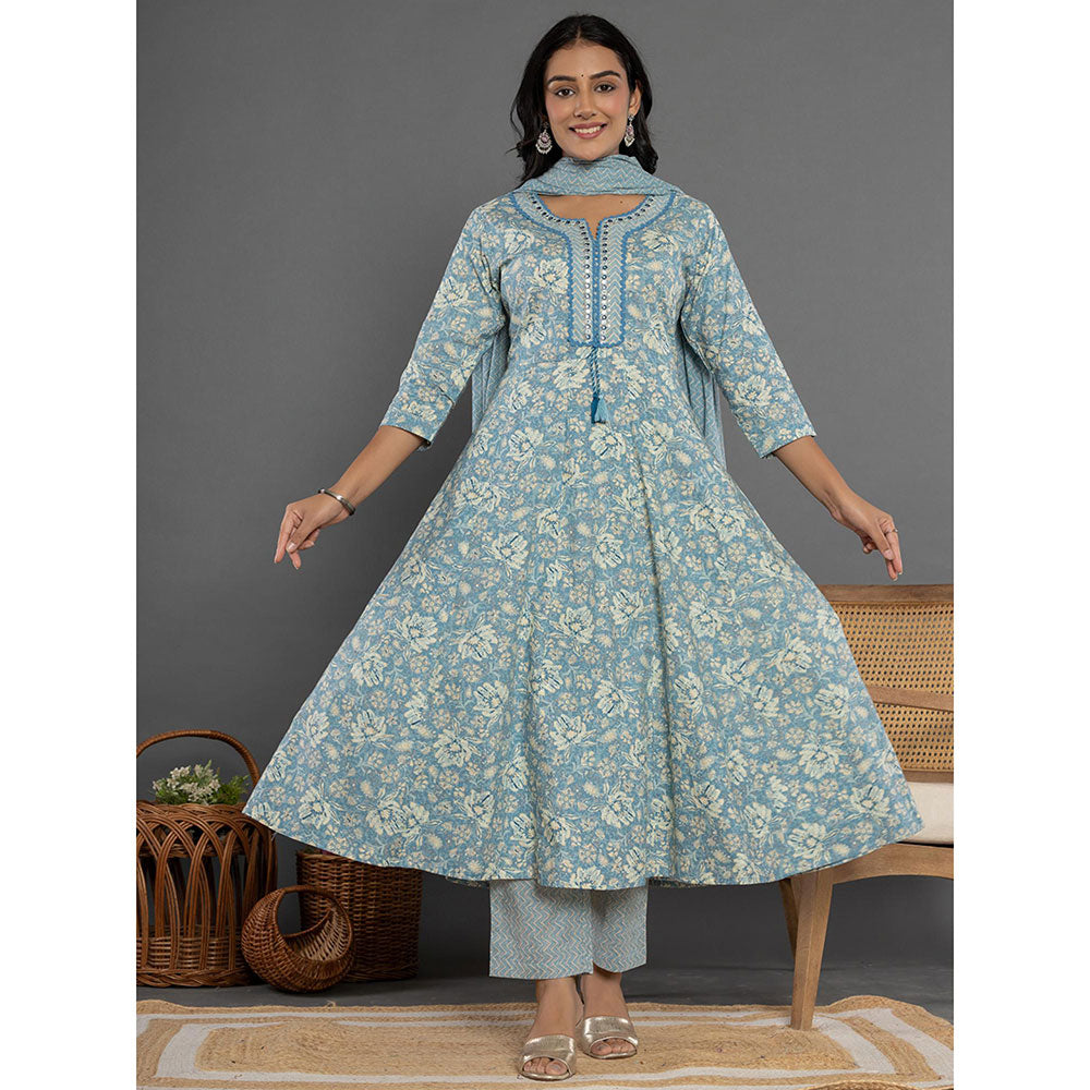 Yufta Blue Mirror Work Cotton Anarkali Kurta and Pants with Dupatta (Set of 3)