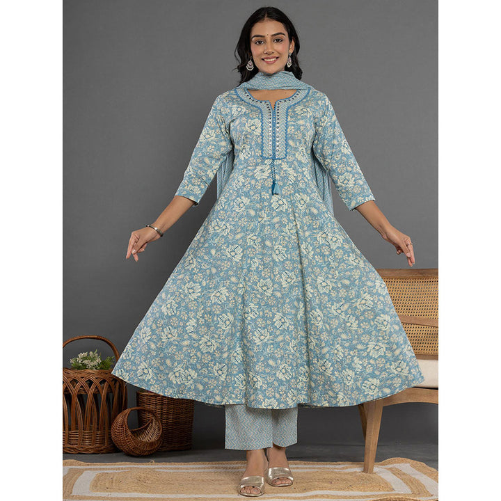 Yufta Blue Mirror Work Cotton Anarkali Kurta and Pants with Dupatta (Set of 3)