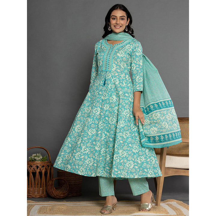 Yufta Sea Green Mirror Work Cotton Anarkali Kurta and Pants with Dupatta (Set of 3)