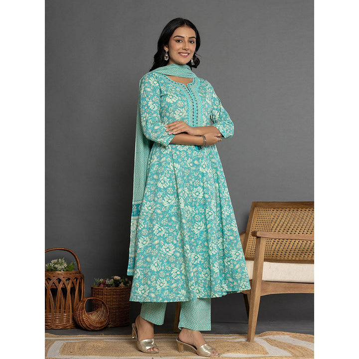 Yufta Sea Green Mirror Work Cotton Anarkali Kurta and Pants with Dupatta (Set of 3)