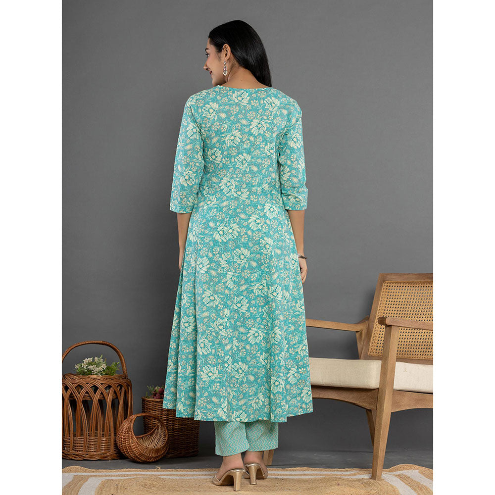 Yufta Sea Green Mirror Work Cotton Anarkali Kurta and Pants with Dupatta (Set of 3)