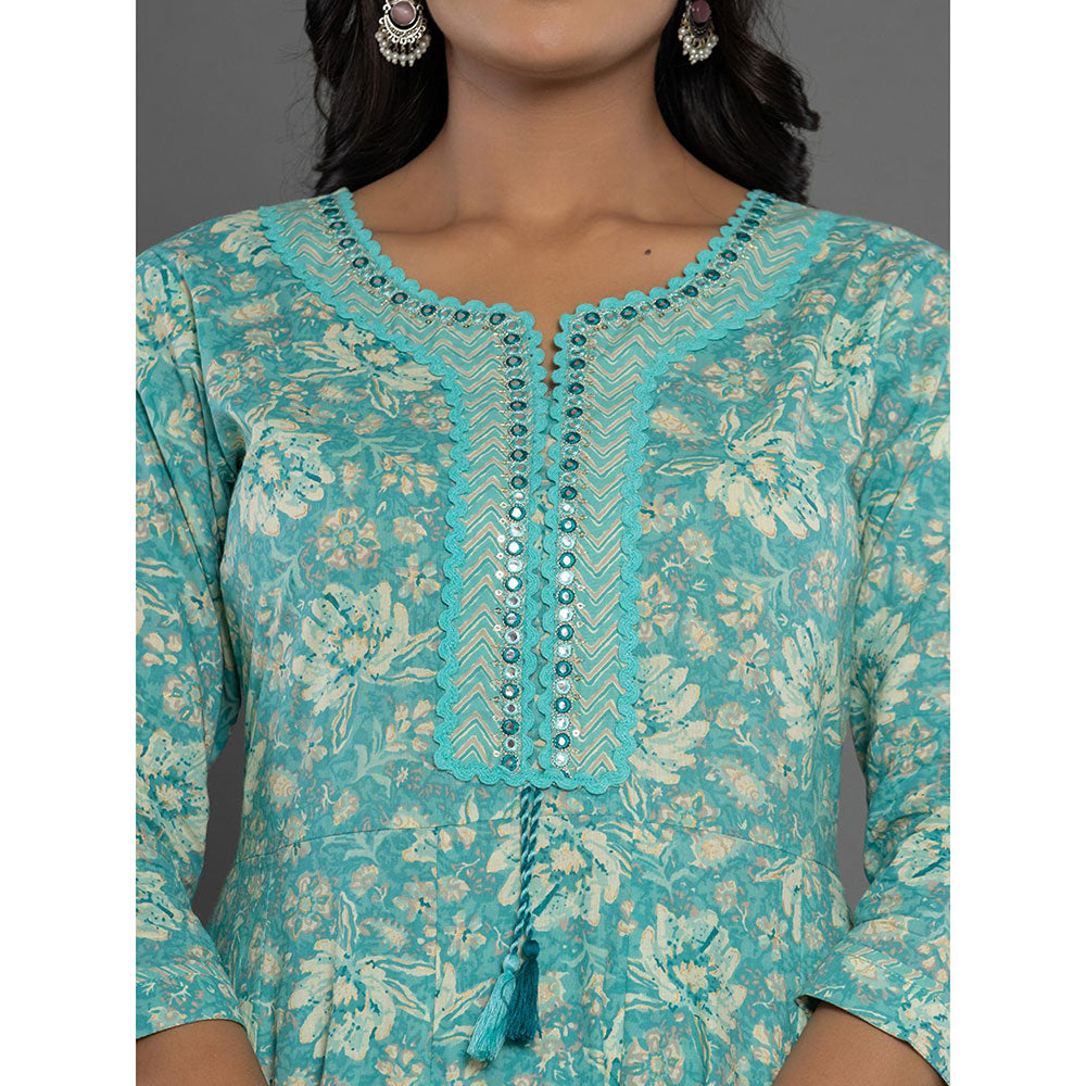 Yufta Sea Green Mirror Work Cotton Anarkali Kurta and Pants with Dupatta (Set of 3)