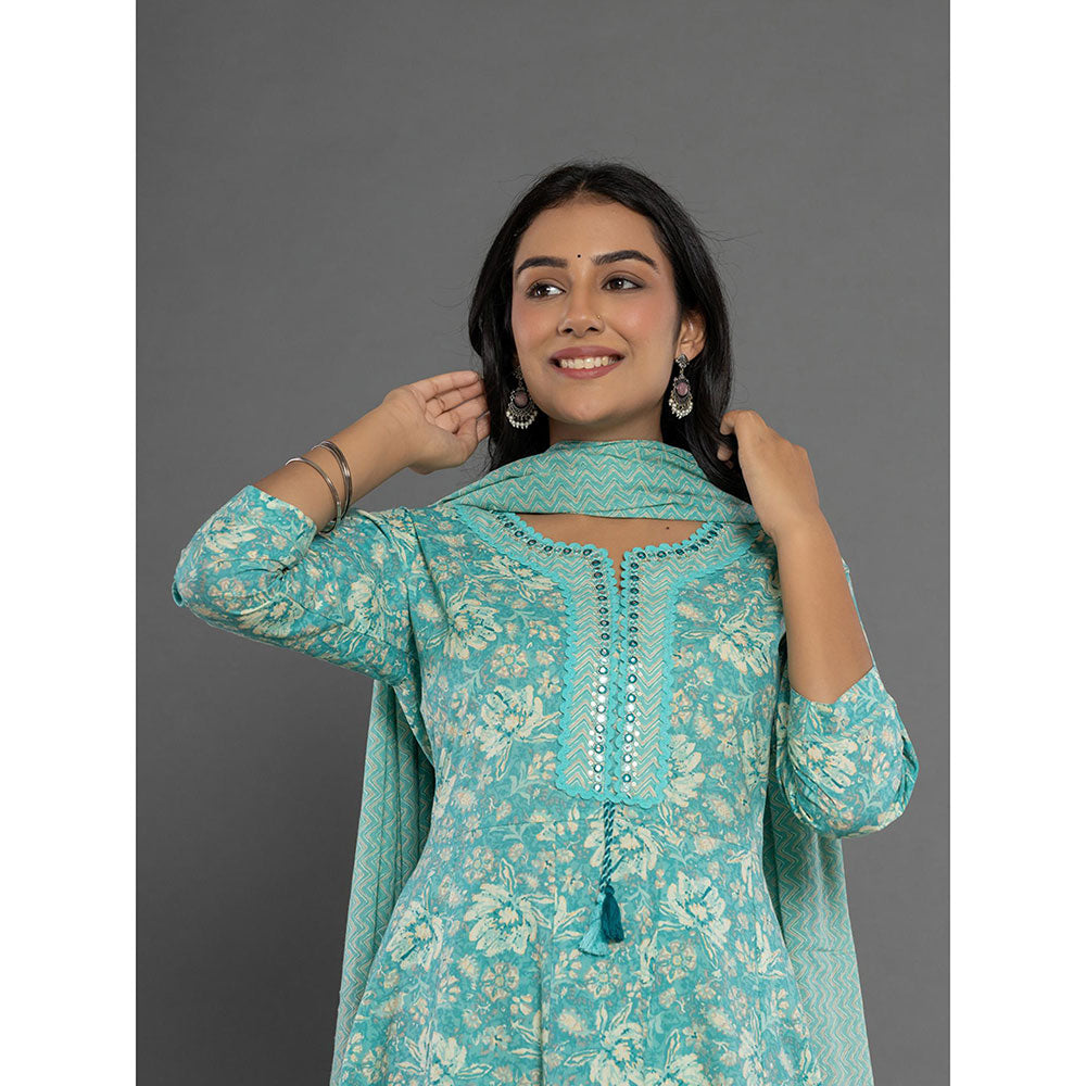 Yufta Sea Green Mirror Work Cotton Anarkali Kurta and Pants with Dupatta (Set of 3)