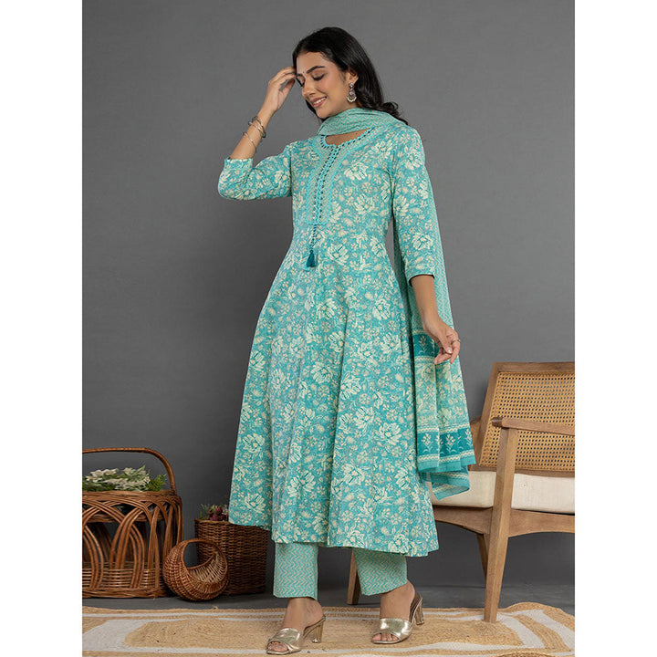 Yufta Sea Green Mirror Work Cotton Anarkali Kurta and Pants with Dupatta (Set of 3)